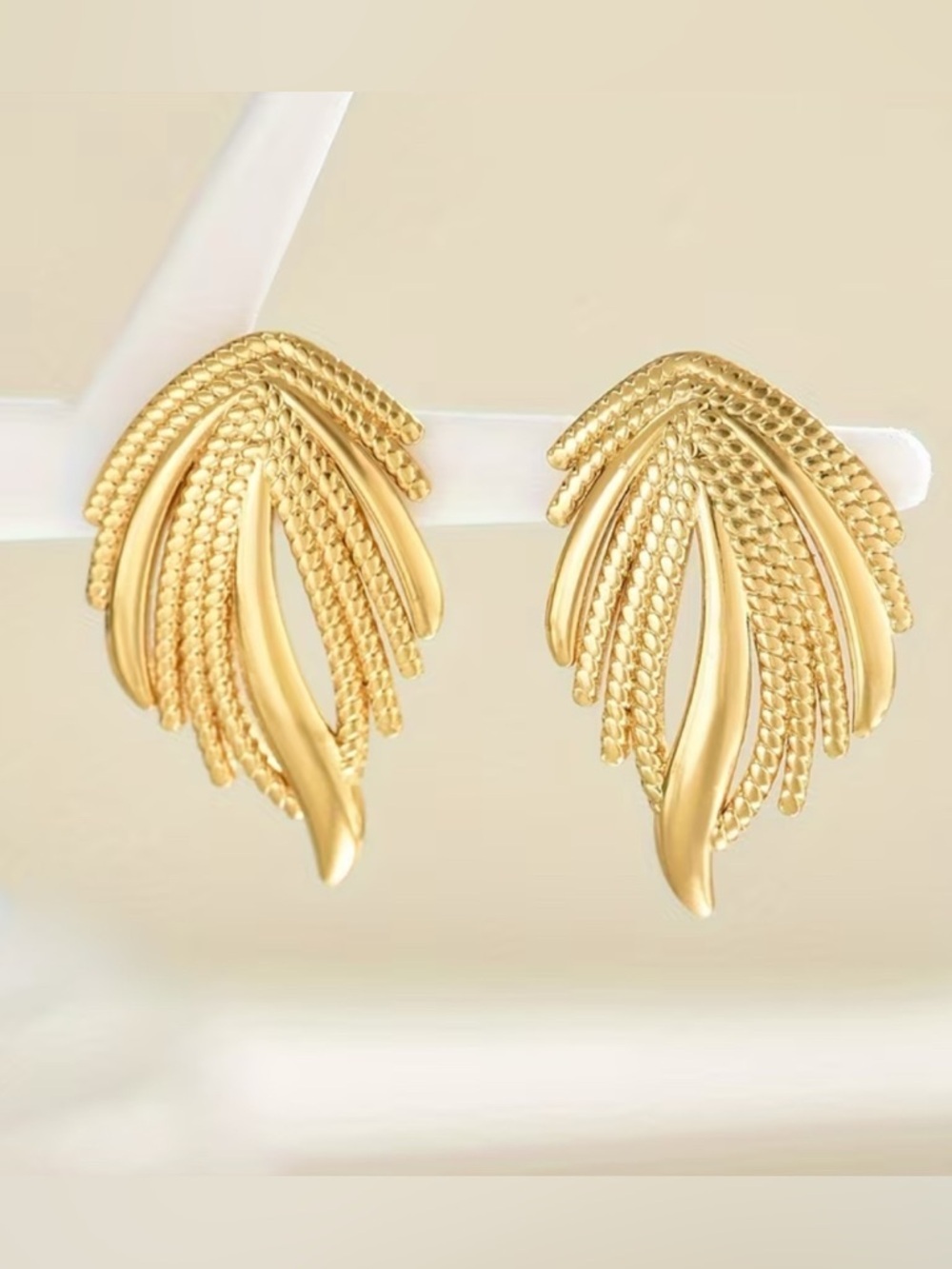 Textured Gold Leaf Stud Earrings for Women - Picture 3 of 4